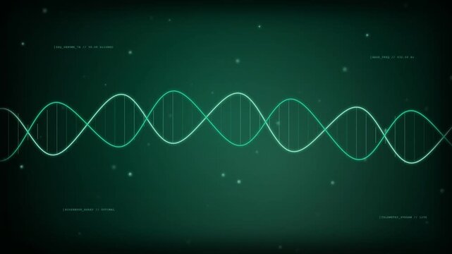 Abstract animation of a glowing teal DNA double helix structure rotating and pulsating in a futuristic digital space with subtle particles, representing biotechnology, genetic research, and scienti...