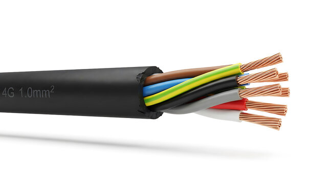Close up of a stripped multi core electrical cable with colorful wires on white background