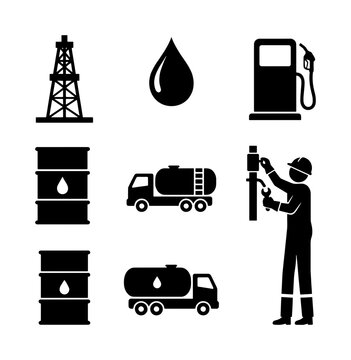 Oil Industry Icons: Rig, Drop, Pump, Barrels, Trucks, Worker