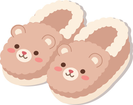 Simple vector illustration of Cute kawaii fluffy slippers with animal face design for cozy home footwear, vector isolated on white