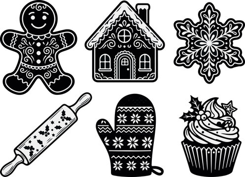 Christmas Icons Set with Gingerbread House, Santa Hat, Gift Box, Christmas Tree, Ornaments, Stars and Holiday Symbols Vector Illustration for Festive Winter Design