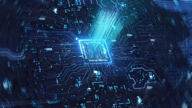 Futuristic Blue Microchip Circuit Board with Glitch Effect