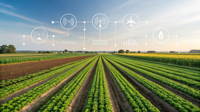 Lush agricultural field with digital icons representing technology integration in farming, showcasing innovation in sustainable agriculture