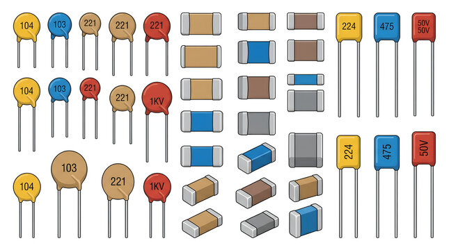 Collection of various electronic components including ceramic capacitors and surface mount resistors isolated on white background