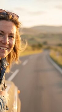 Smiling woman leaning out car window on scenic road during road trip