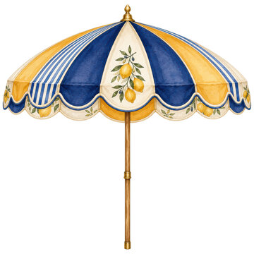 Vintage striped parasol with lemon motif, blue and yellow beach umbrella with scalloped trim, elegant summer shade decor