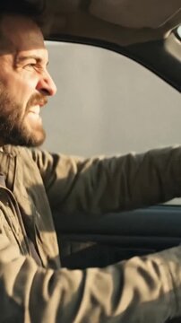 Bearded man driving a car while screaming out loud in anger
