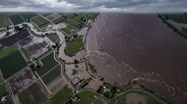 Aerial view of extensive farmland inundated by floodwaters, showcasing the devastating impact of extreme weather events like El Ni&ntilde;o