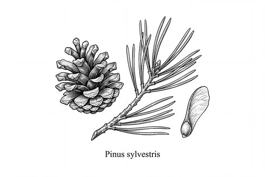 Scots pine branch with cone and seed botanical illustration for packaging and wall art