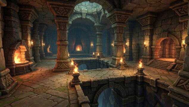 Rendering medieval-style interior cave walls made stone decorated intricate carvings patterns floor cobbleston