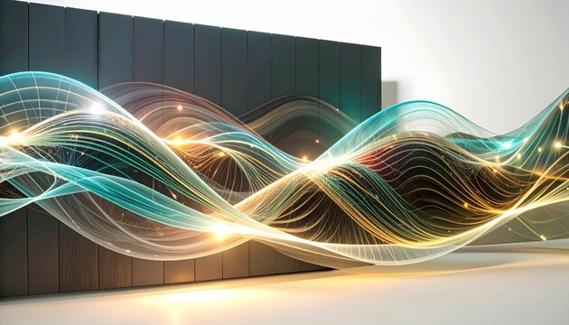 Abstract glowing digital wave flow representing high speed data transfer and quantum computing technology in modern datacenter.