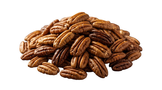 Pile of shelled raw pecan nuts isolated on white background with raw pecans nut heap pecan halves protein snack baking ingredient dietary food nutrition