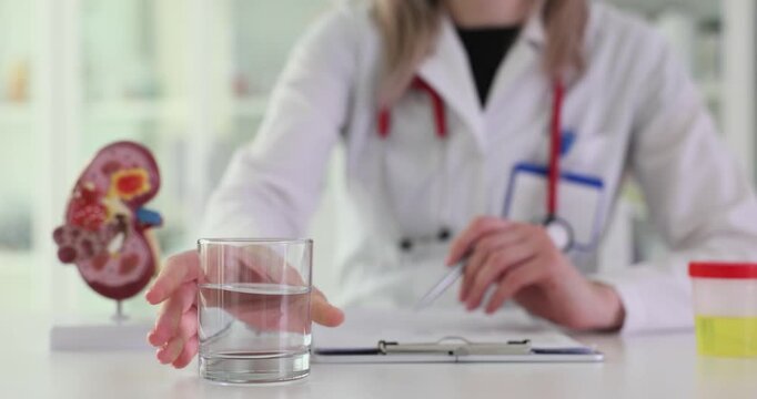 Doctor puts water glass in front of medical records and human kidney model. Woman physician consults patient about urinary system health support