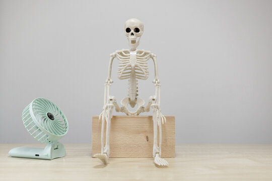 Skeleton Figure Beside Portable Fan During Extreme Heat