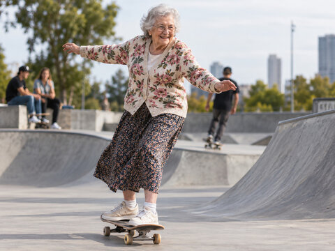 An energetic elderly woman rides a skateboard at an outdoor skatepark, challenging age stereotypes with confidence and joy; open sky provides copy space.