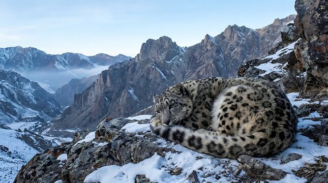 Snow leopard resting on a rocky mountain ridge in winter.