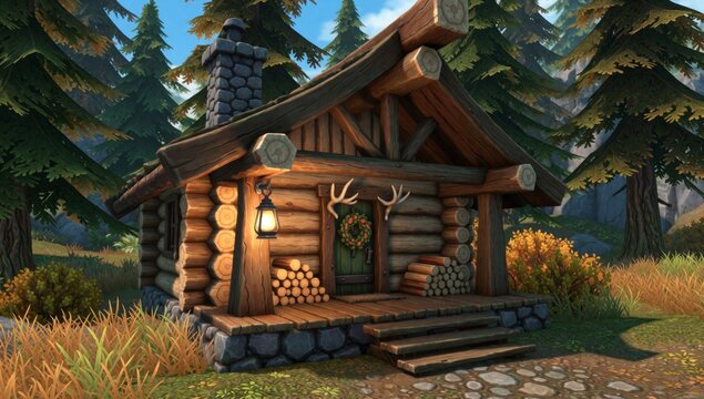 Rendering small wooden cabin forest made logs has sloping roof chimney left side walls stone there porch raili