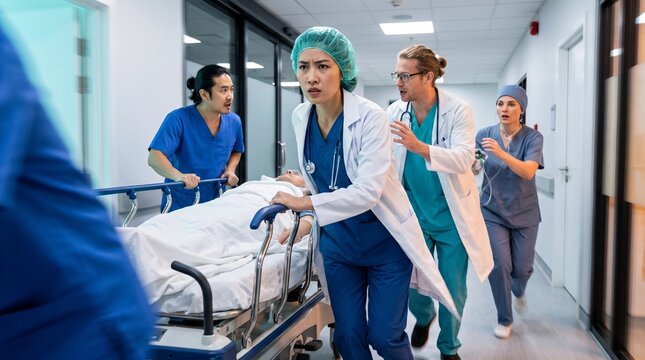 Emergency medicine: Asian doctor leads urgent patient transport through hospital corridor