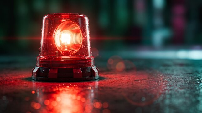 Public Safety: Red emergency beacon signals urgent danger on a wet street at night