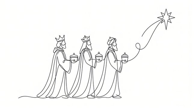 continuous line art of three wise men carrying gifts to christmas star. nativity and epiphany story. minimalist banner, website header, card with copyspace.