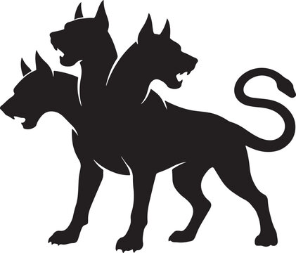 Menacing black and white silhouette of Cerberus the three headed hound of hell