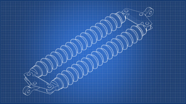 Double Suspension HV Insulator String. Engineering schematic Blueprint. Orthographic view - side, front views. 3D Mesh, Sketch, Vector style or Drawing. 3D rendering isolated on blue