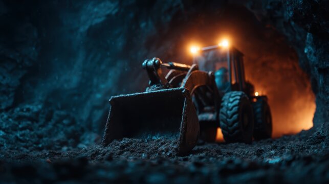 A powerful excavator works meticulously in a dark underground mine setting, emphasizing strength and industrial activity amid rugged terrain.