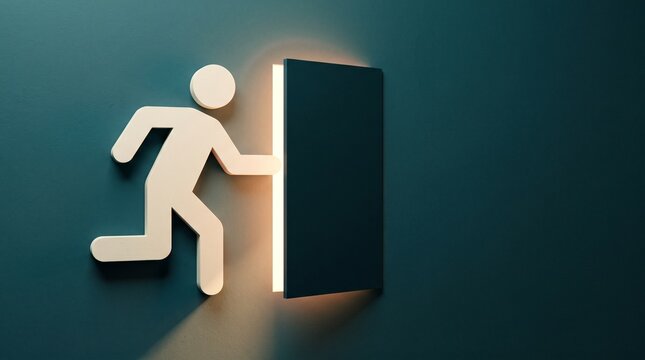 Business: Running figure enters glowing doorway toward a new opportunity