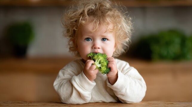 A curious toddler with curly hair is munching on a piece of broccoli, showcasing a playful connection between children and healthy eating habits in a cozy setting.