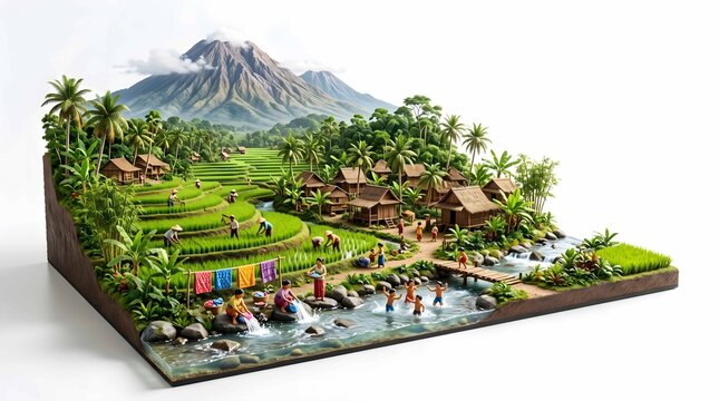 Detailed Miniature Diorama of Indonesian Village Life with Rice Terraces, River, and Volcano Background