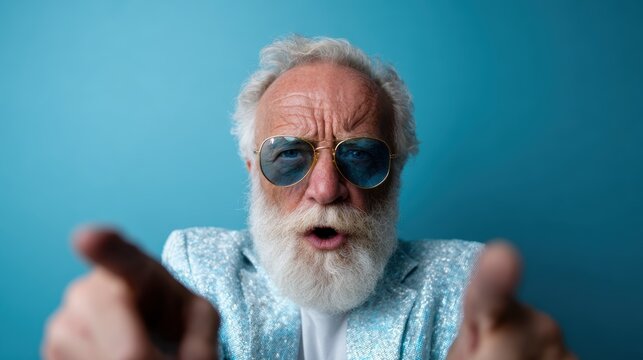 A bearded elderly man wearing sunglasses and a shiny jacket, enthusiastically pointing towards the camera, exuding a playful charisma and a bold sense of self-expression.