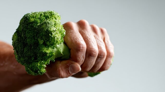 A close-up of a hand gripping a bunch of fresh broccoli, emphasizing the importance of healthy eating and nutrition in lifestyle choices leading to wellness.