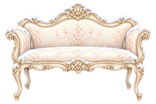 Antique rococo sofa with cream floral upholstery and gold-toned carved frame, ornate vintage loveseat for elegant interior design