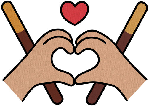 Hands holding a red heart shape with chocolate sticks for Pepero Day