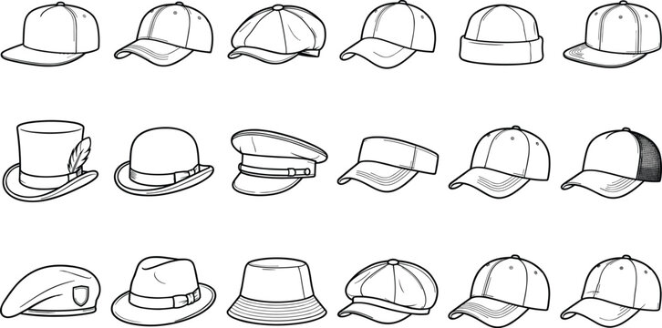 Men headwear style selection line icon set featuring baseball cap fedora bucket hat top hat flat vector illustration