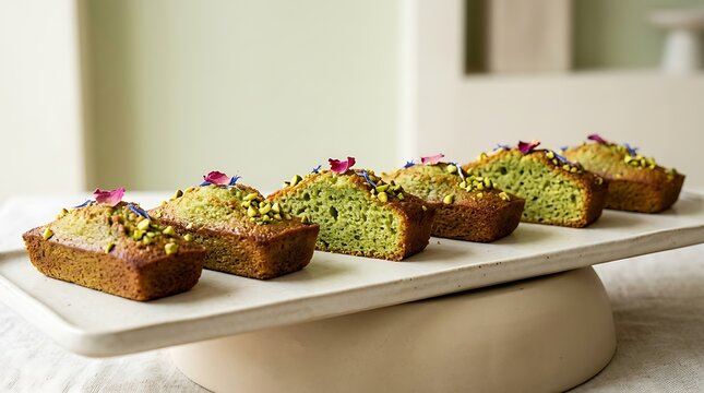 Fresh green pistachio loaf cakes topped with nuts and edible flowers arranged in a row on a long tray. luxury bakery items