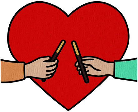 Hands holding a red heart shape with chocolate sticks for Pepero Day