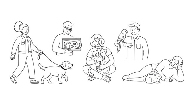 Line drawing depicts people interacting with various domestic animals in a simple illustration animalcare companion domesticated