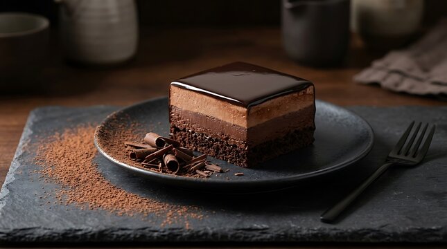 A delicious square chocolate mousse cake slice served on a dark plate with berries on a rustic table. luxury bakery items