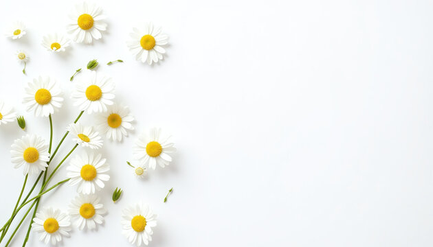 White daisies scattered on a bright white background flat lay