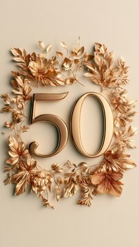 A design showcases the number 50 within a botanical frame, using a cream and gold color scheme to celebrate an anniversary in a vertical format.