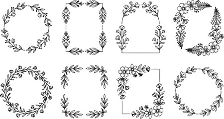 Fototapeta premium Black And White Hand-Drawn Floral Wreaths And Rectangular Frames Collection For Elegant Wedding Stationery Designs And Rustic Branding Projects Featuring Sophisticated Botanical