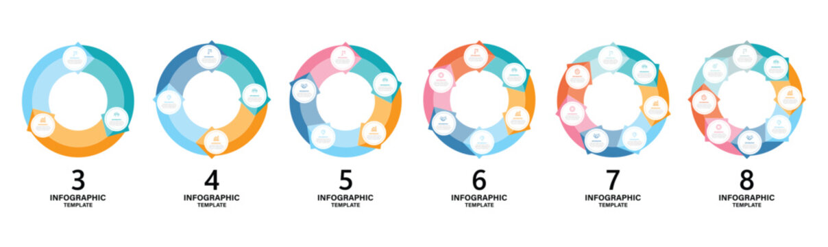 Business infographics. Vector circle arrows infographics set. 3, 4, 5, 6, 7, 8 options, parts, steps. Vector pie charts. Business concept with data processes. vector eps