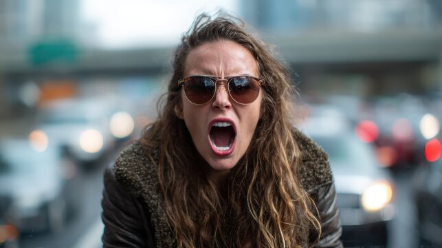 A frustrated young woman with long wavy hair is visibly upset in a traffic jam, expressing intense emotions against the backdrop of honking cars and city congestion.