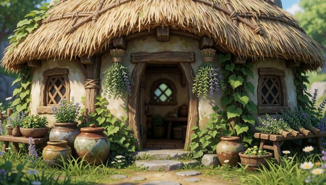 Digital illustration small cottage thatched roof made stone has windows either side entrance arched doorway wi