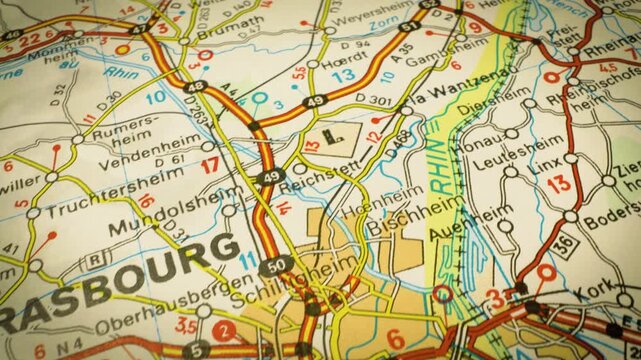 french road network leading toward strasbourg &ndash; detailed atlas map with gliding camera movement