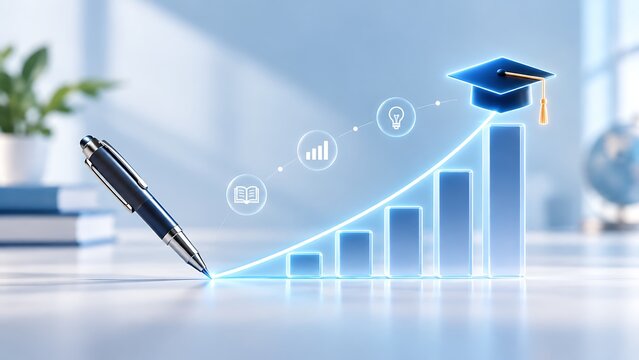 Pen Drawing Glowing Blue Upward Bar Chart Leading To Graduation Cap Concept For Education Growth