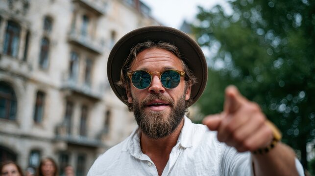 A bearded man in a stylish outfit, wearing sunglasses and a hat, exudes charisma as he points towards the camera, showcasing his confidence and magnetic personality.