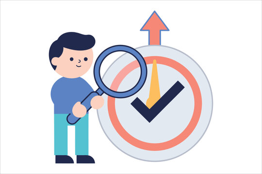A diligent young professional carefully examines a target with a checkmark symbolizing progress and achievement in a timely manner