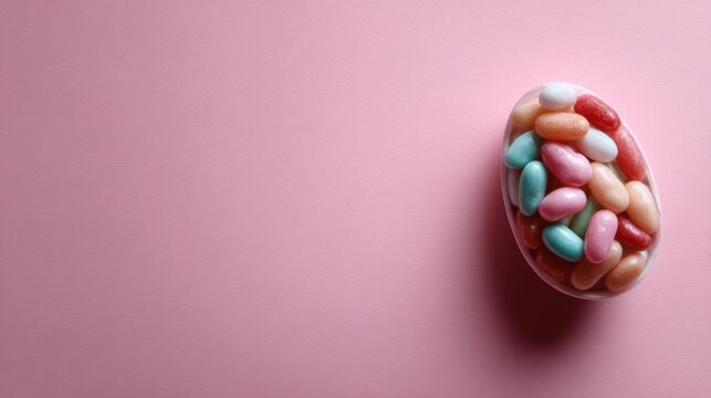 A vibrant assortment of colorful jelly beans placed in an egg-shaped bowl sits against a soft pink background, creating a visually appealing and playful scene of sweetness.